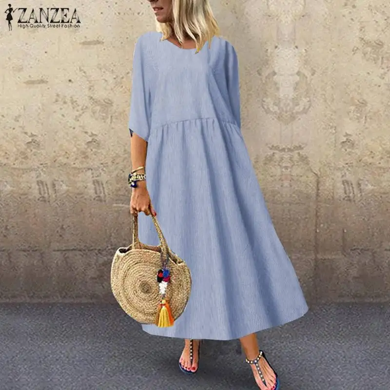 Для женщин в полоску длинное платье макси Vestidos ZANZEA плюс Размеры из хлопка и льна с круглым вырезом длинное платье-туника Летний Пляжный Сарафан