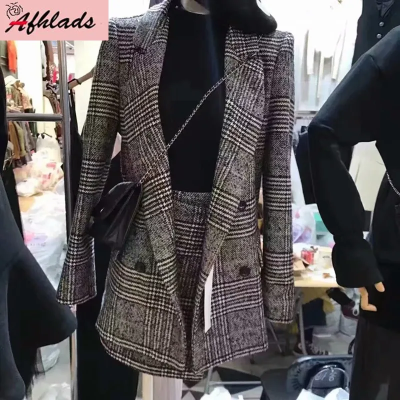 Plaid Winter And Autumn Women's Jacket two-Piece Set Elegant Formal Warm Coat Top + Bodycon Skirt Two-Piece |