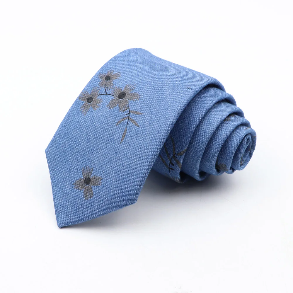 New Ties For Men Skinny Denim Blue Floral Leaf Print Neck Tie For Wedding Business Casual Neckties Suits Slim Neck Ties Gravatas