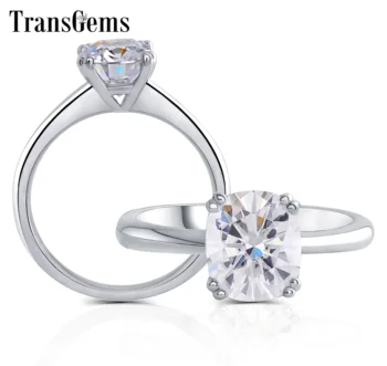 

Transgems 18k 750 White Gold 2ct 7mm*8mm F Color Cushion Cut Moissanite Engagement Ring For Women Solitare with Accents
