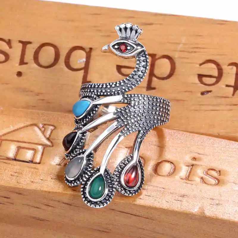 

Женское Винтажное кольцо ZHJIASHUN, из 100% серебра 925 пробы, с натуральным нефритовым агатом, «Павлин», ювелирное серебряное кольцо