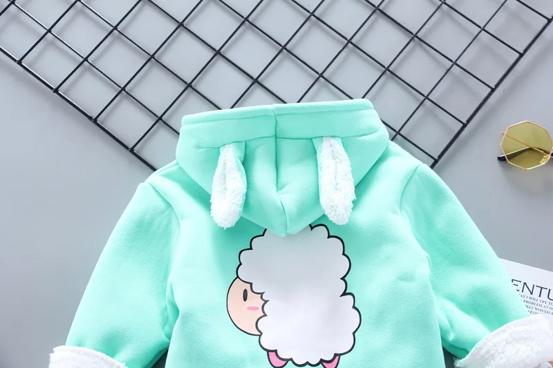 Autumn winter baby suit baby boy plus velvet thick warm 2-piece set baby girl cute cartoon lamb casual hooded suit baby clothes baby girl cotton clothing set