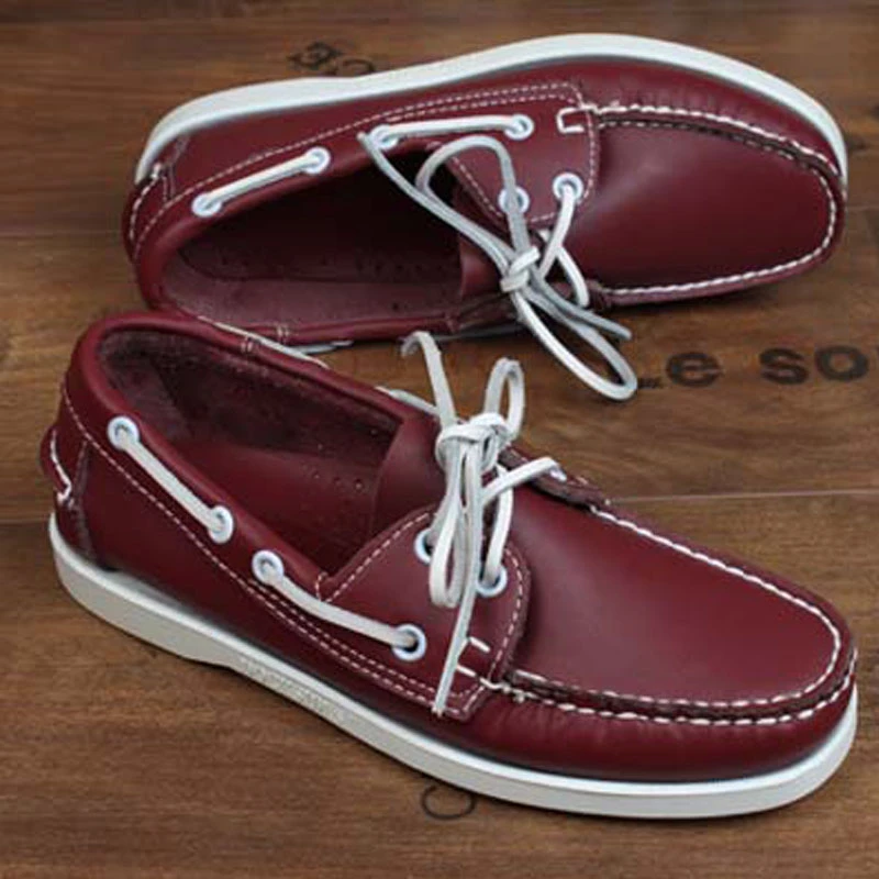 Zapatos informales de cuero genuino para hombre, mocasines náuticos con cordones, a la color tinto|Zapatos náuticos| - AliExpress