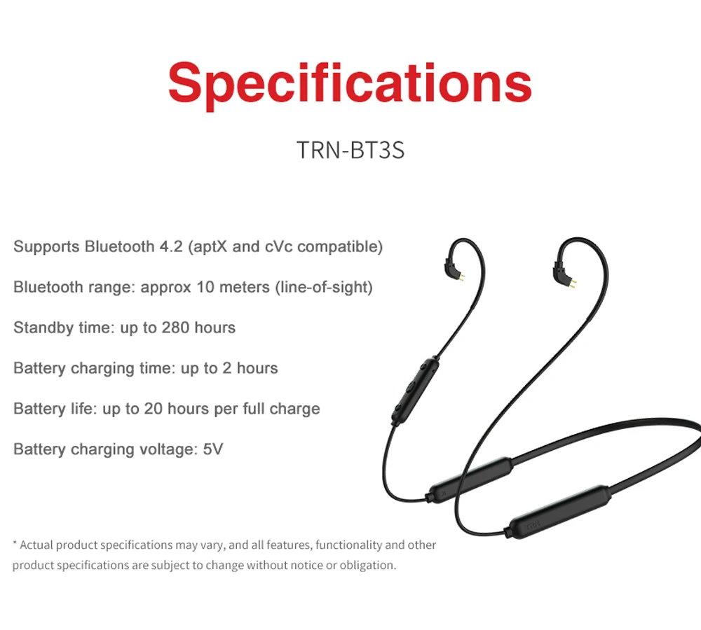 TRN BT3S беспроводной Bluetooth 4,2 APT-X кабель HIFI наушники для KZ ZST/TFZ наушники с 2Pin/MMCX для SE215 315 425/для TRN V10