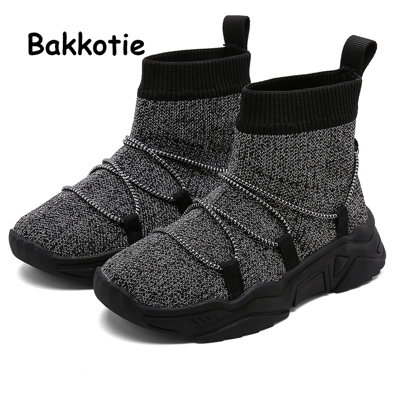 Bakkotie/ детские осенние высокие кроссовки для маленьких девочек; модные мягкие спортивные носки; обувь для мальчиков; Черная дышащая повседневная обувь