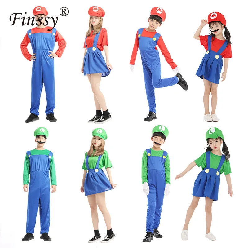 

Adult Kids Boys Girls Super Mario Luigi Bros Cosplay Show Costume Mario Uniform Family Parent Child Clothes Halloween Costumes