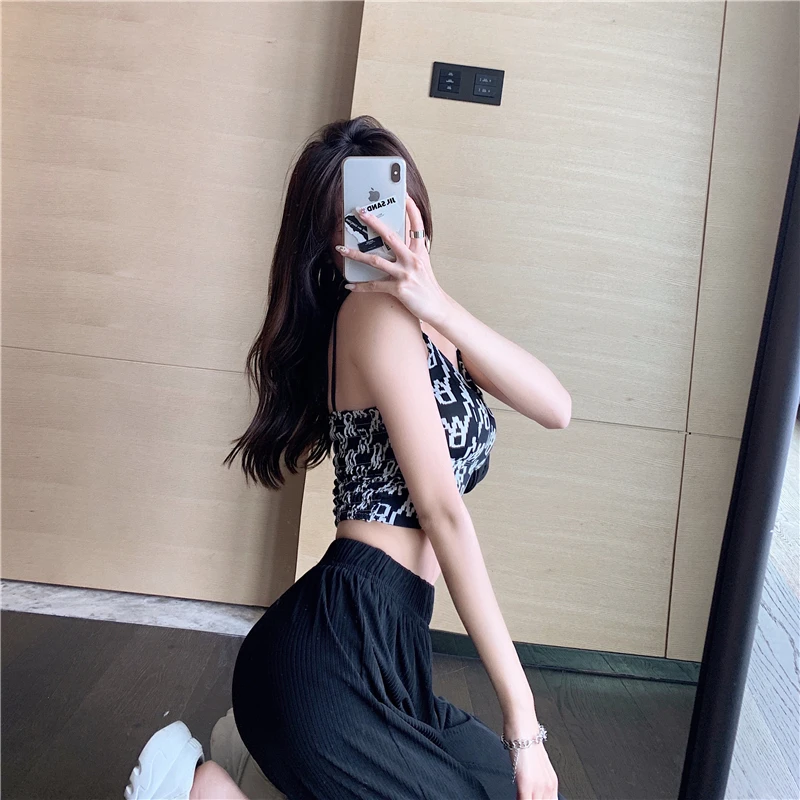 Casual Letter Print Sling Ice Silk Comfortable Belt Chest Pad Wrapped Chest, Summer Cropped Sleeveless Cop Top cotton camisole