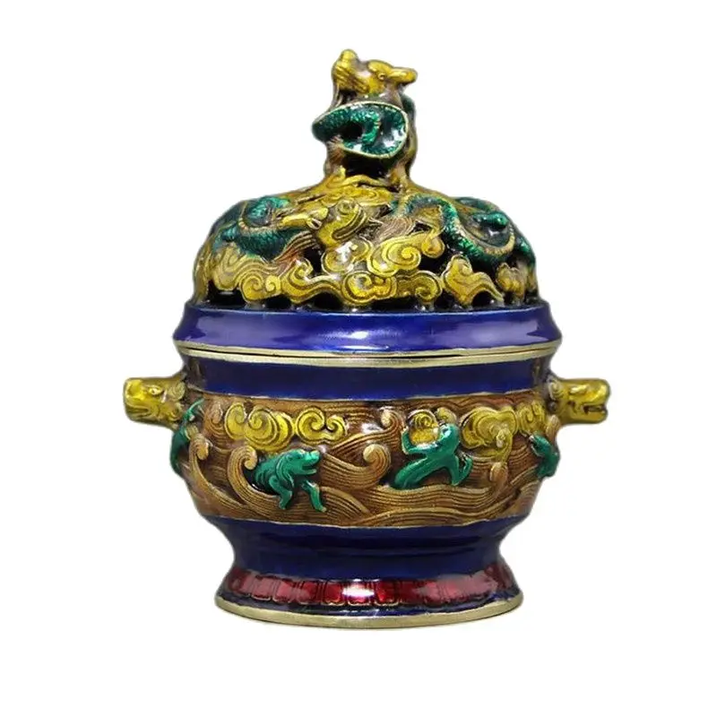 

Antique Brass Enamel Cloisonne Incense Dragon Dragon Cover Flat Incensory Moray Daming Xuande Home Furnishing Decorations