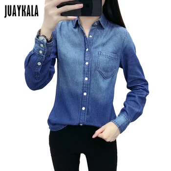 

JUAYKALA Spring New Korean Cotton Denim Shirt Female Long Sleeve Bottoming Shirt Vintage Blouse Spring Clothing