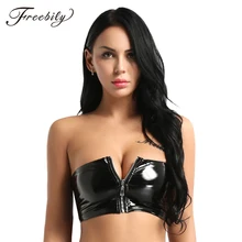 Женское черное кожаное бикини из искусственной кожи на молнии спереди, не мягкая бандау, бюстгальтер, сексуальные женские клубные вечерние короткие топы