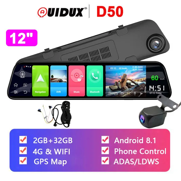 QUIDUX 12 дюймов 4G Автомобильное Зеркало DVR gps навигация 2 Гб ОЗУ+ 32 Гб ПЗУ Android 8,1 видеорегистратор FHD 1080P зеркало заднего вида - Название цвета: D50