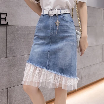 

Korea Splice Lace Denim Skirt Ladies Summer High Waist Jeans Skirts Women Casual Was Thin Elastic Package Hip Skirt Female