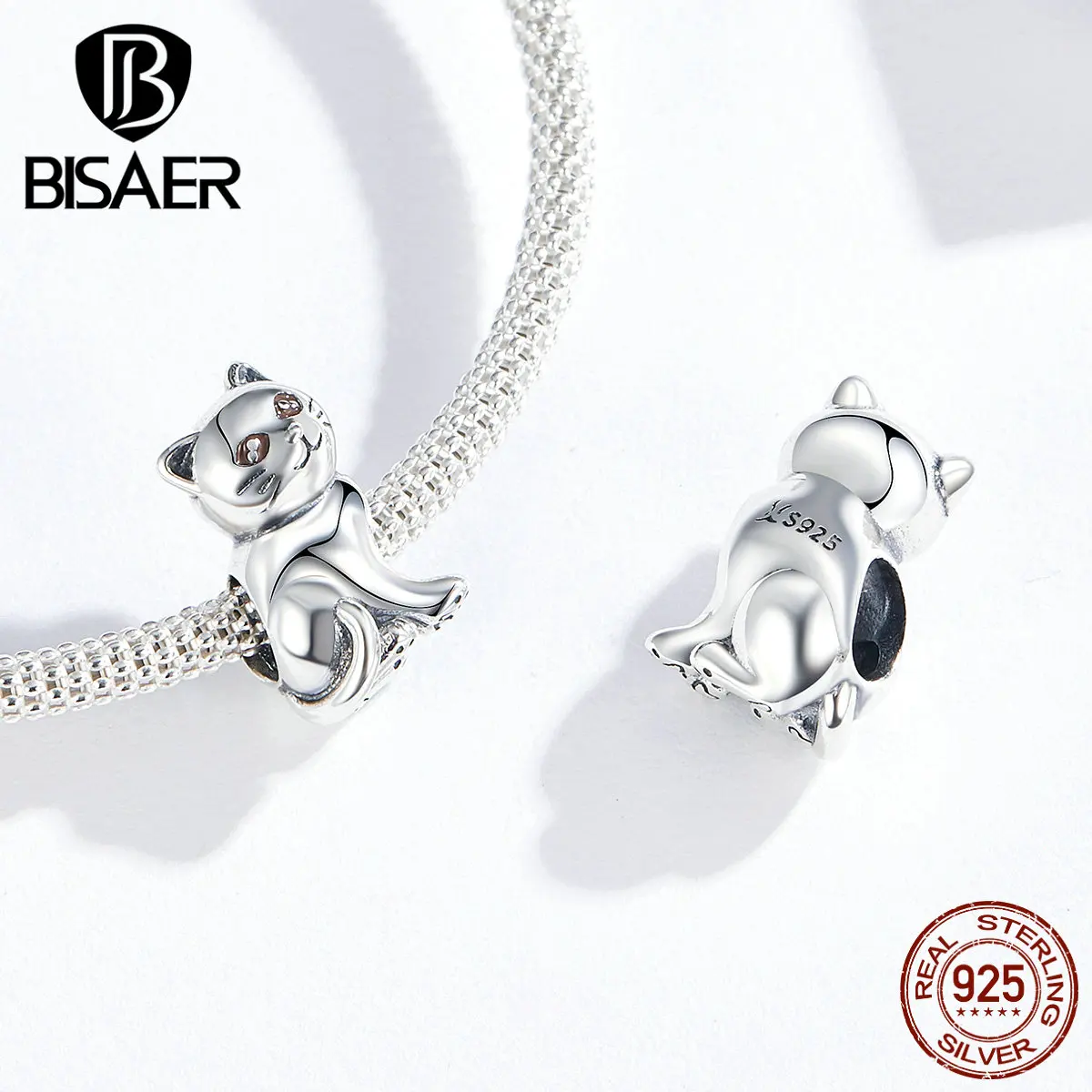 

BISAER 100% 925 Sterling Silver Cute Animal Series Lovely kitty Cat Charm Pendants fit Women Charm Bracelets Jewelry HSC1305