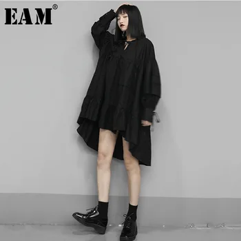 

[EAM] Women Back Long Pleated Temperament Dress New Stand Collar Long Sleeve Loose Fit Fashion Tide Spring Autumn 2020 1S429