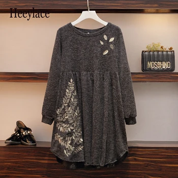 

Women Autumn Plus Size Loose Midi Knited Sweater Dress Female Casual Plant Embroidery O Neck Long Sleeve Pullover Party Vestidos