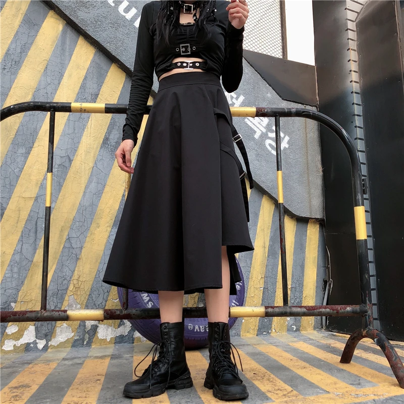 Ins нерегулярный Harajuku стиль весна мода личности металлической пряжкой Высокая талия юбка красивый маленький Ретро был тонкий prod