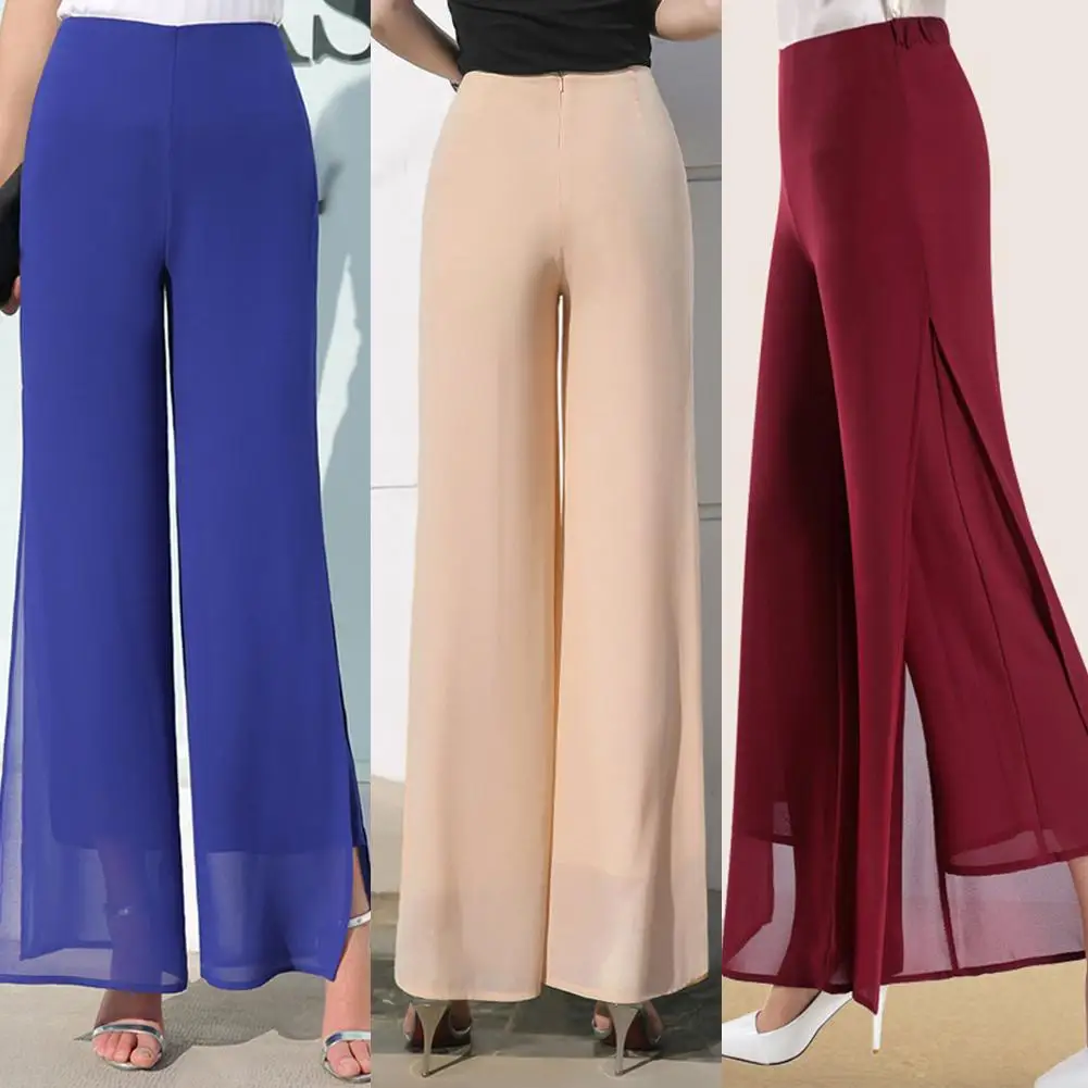 

Women Summer Solid Color High Waist Double Layer Side Slit Wide Leg Long Pants