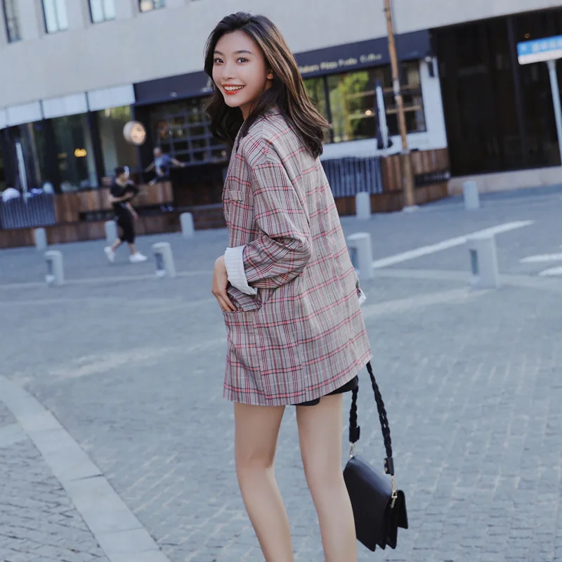 

2019 New Style Korean-style Loose-Fit Small Suit Casual Coat Women's CHIC Hong Kong Style Retro Plaid Suit Elegant Suit