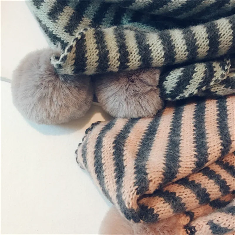 Корейский шерстяной хлопковый плюшевый мяч в полоску, мягкий теплый осенне-зимний толстый детский шали для девочек и мальчиков, шарфы, аксессуары-LHC