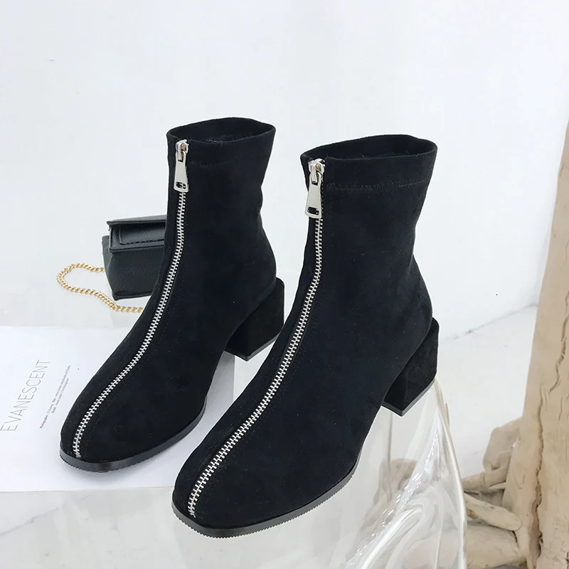 

Front Zipper Ankle Boots for Women Vintage Square Toe High Heel Boots Women Suede Leather Warm Winter Boots SWE0558