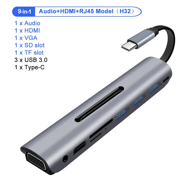 GOOJODOQ 9 портов USB C концентратор для HDMI VGA RJ45 Gigabit Ethernet адаптер питания док-станция PD зарядное устройство для MacBook Pro Air мульти Тип C концентратор - Цвет: 9-in-1