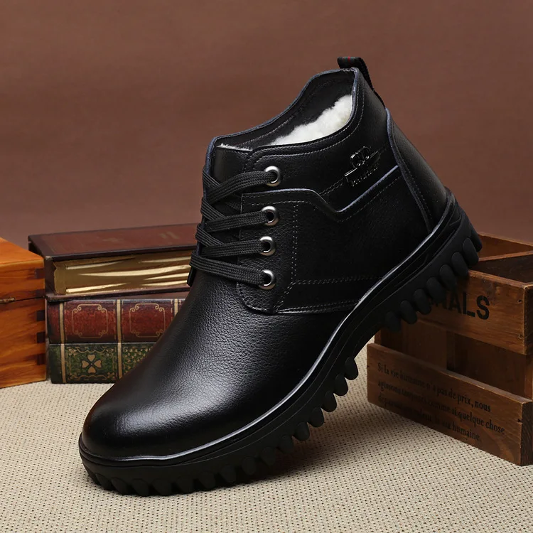 lace-up black Зимняя шерстяная Мужская обувь кожаная теплая обувь для отдыха короткие плюшевые ботильоны в британском стиле с круглым носком овечий мех, большие размеры 11, 12, 13 - Цвет: lace-up black