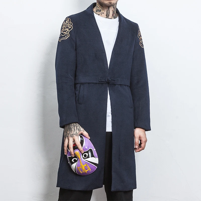 Chinese Style Autumn Winter Gold Embroidery Mid Long Coat Men Chaqueta Hombre Navy Red Frog Button Overcoat 5xl