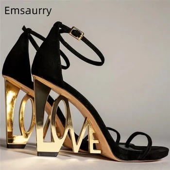 New Design Letter-Love Heel Gladiator Sandals Women Sexy One-strap Strange High Heels Fretwork Heel Summer Party Shoes 1