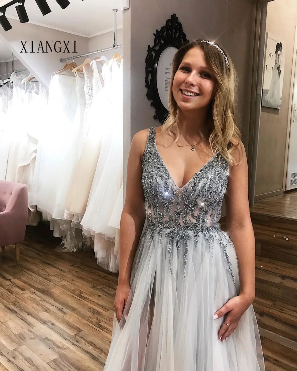 Vestidos Серебряные вечерние платья Длинные трапециевидные глубокий v-образный вырез с высоким разрезом вечерние платья официальные платья robe de soiree вечерние Dr