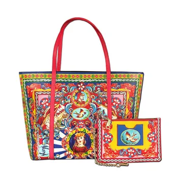 

Drop Shopping ~New Luxury Brand Fashion Printed Bulk Leather Tote Bag Women Shopping Bag Ethnic Style Handbag Purse Neverful Bag