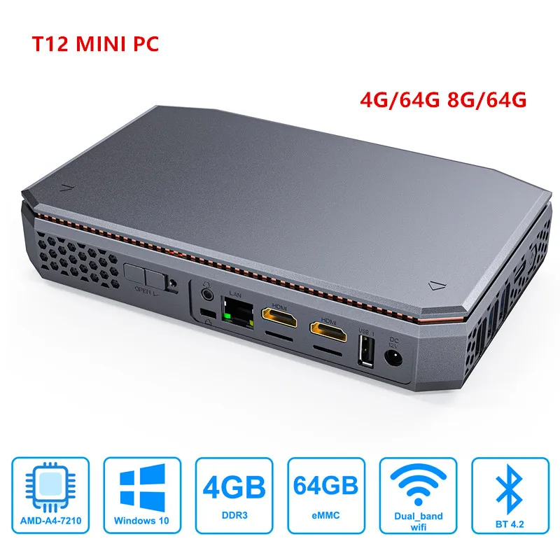 T12 Мини ПК AMD A4 7210 Windows10 DDR3L 8G Emmc 64G Поддержка HDD 1000M 2 HD MI двухдиапазонный 5G Wifi мини