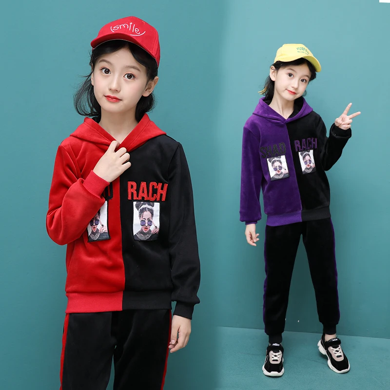 

2019 New Kids Clothing Girls mix color velvet jacket+ pant 2 pcs set Winter Children Clothes Suit christmas girls outfits