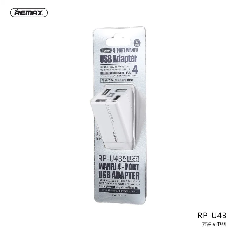 Remax RP-U43 4 USB зарядное устройство для телефона 4 порта WANFU USB адаптер для Iphone 7 8 X 11PRO MAX samsung Xiaomi 3,4 A зарядное устройство для телефона