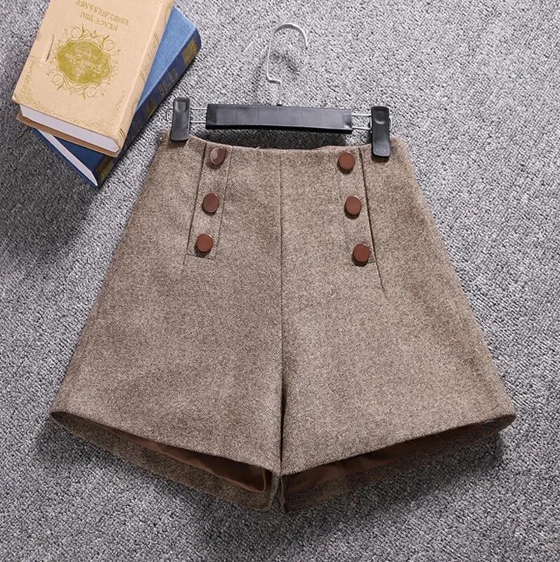khaki Корейские шерстяные женские шорты, зимние свободные широкие шорты, женские осенние шорты трапециевидной формы на молнии с карманами и пуговицами, женские S-XXL - Цвет: khaki