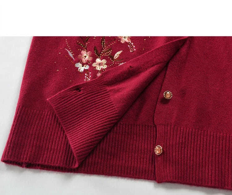 Spring Autumn Thin Knit Cardigan Jackets Grandma Embroidered Long Sleeve Sweater Outerwear Plus Size Short All-match Women's Top