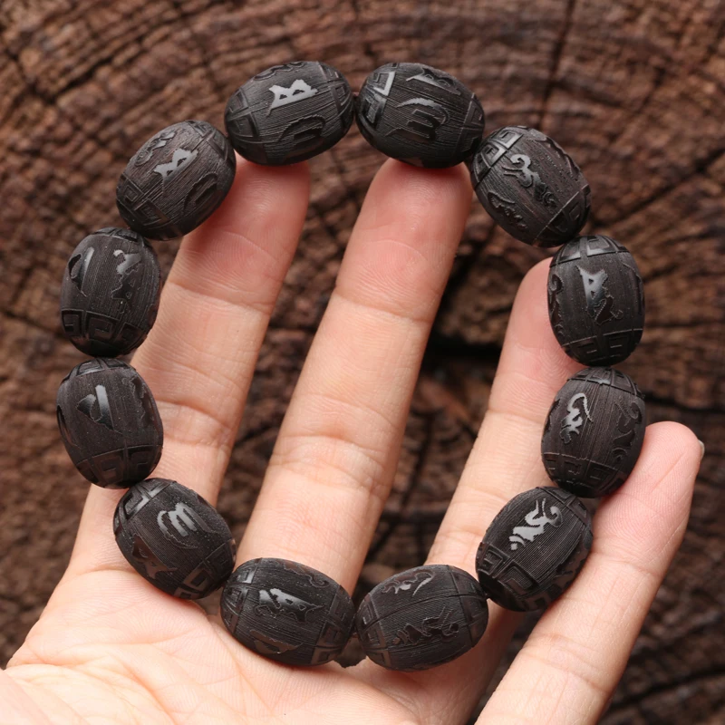 

Natural Ebony Bracelet Olive-Shaped Black Wood Tibetan Buddhist Beaded Six-Character Mantra Lucky Bracelet