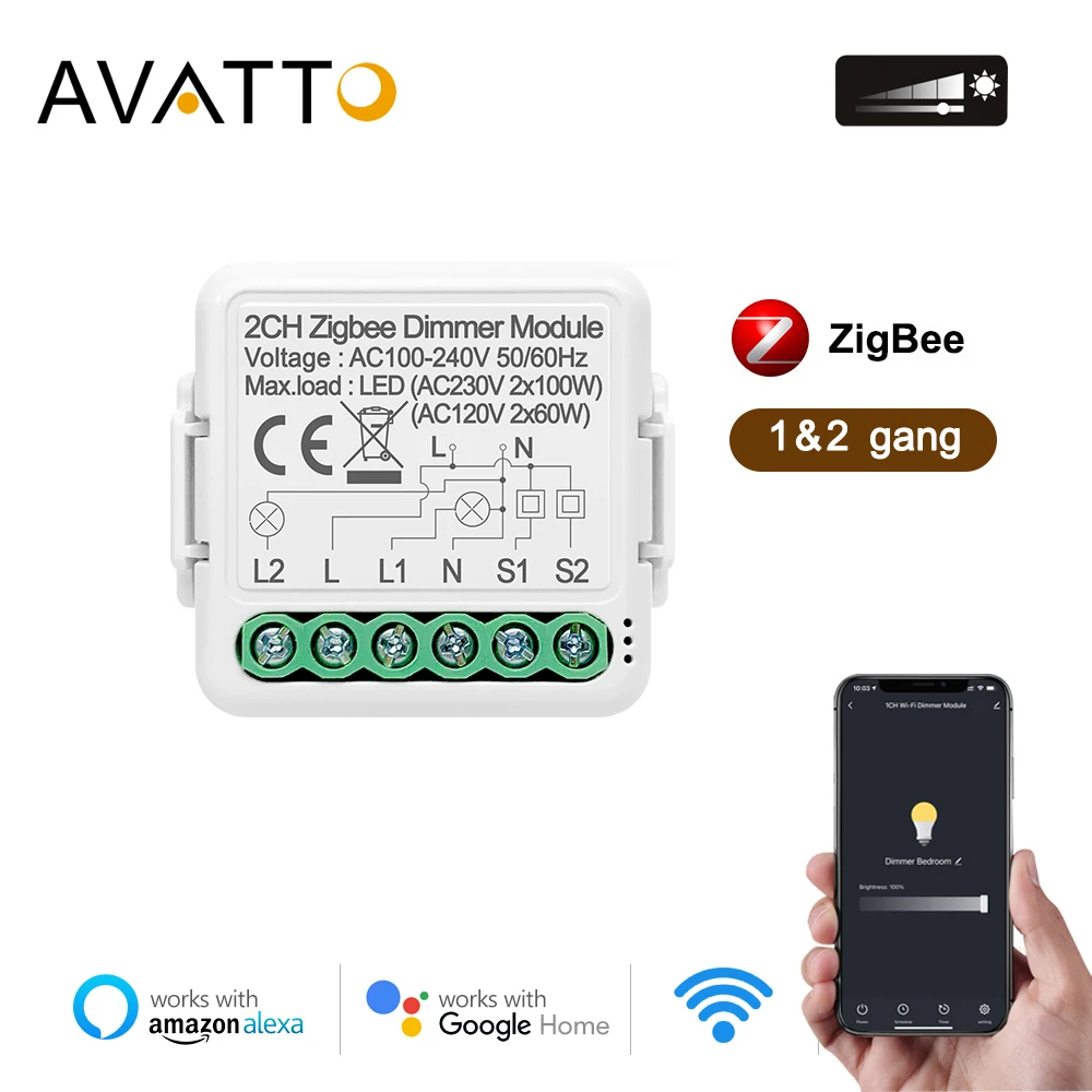 Avatto Tuya Smart Zigbee Dimmer Switch Module,1/2 Gang Dimmable Light