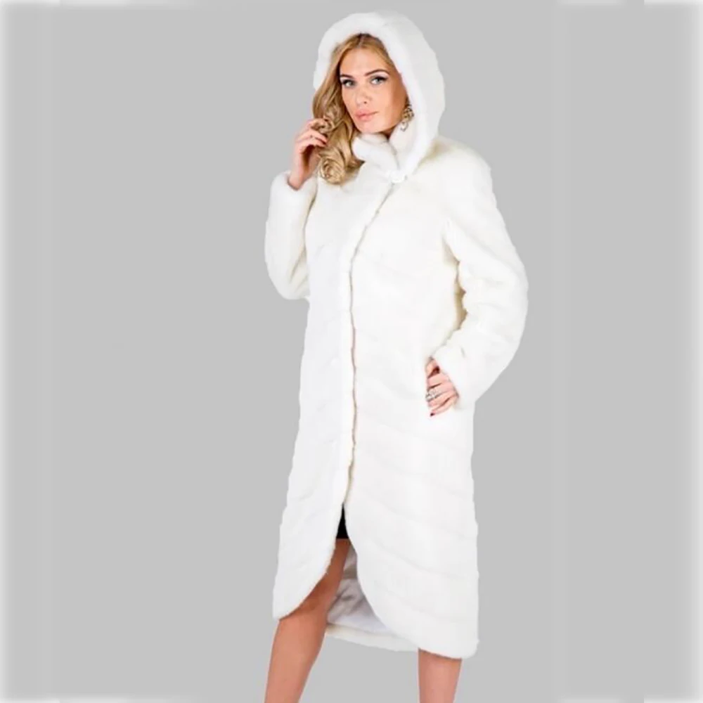 100cm white Новинка, шуба из натурального меха норки с капюшоном, женская шуба из натурального меха норки, большая верхняя одежда, теплая зимняя шуба из натурального меха, куртка, настоящая роскошь - Цвет: 100cm white
