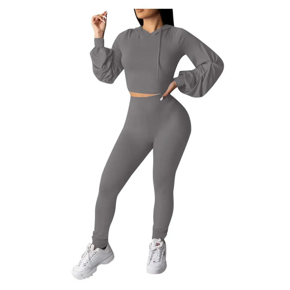 

Women 2Pcs Sport Running Set Casual Solid Long Sleeve Crop Top Hooded Long Pant Suit Female Outdoor Jogging Tracksuit For 2019
