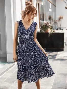 

2020 Summer Boho Floral Print Long Dress Women V Neck Sleeveless Button Fashion Beach Ruffles Dresses Women Sundresses Vestidos