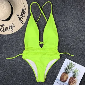 

Halter Neon Deep V Swimsuit Women Monokini String Bathing suit Sexy Push Up Swimwear one piece Bodysuits High cut Bikini Women