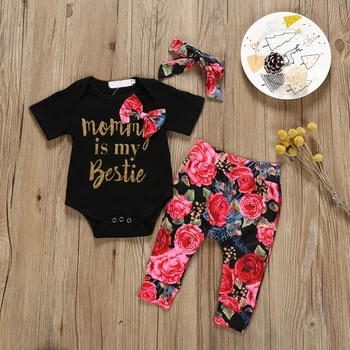 

2020 Newborn Baby Girl Clothes Infant Baby Girl Sets Letter Romper+Flower Print Pants+Hairband Baby Girl Outfits Ensemble Bebes