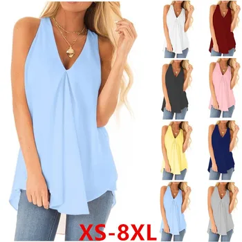 

Oversize Women Tank Tops Sexy V Neck Sleeveless Solid Chiffon Vest Tops Summer Casual Loose Ruffle Tops Women Blouse Tops XS-8XL