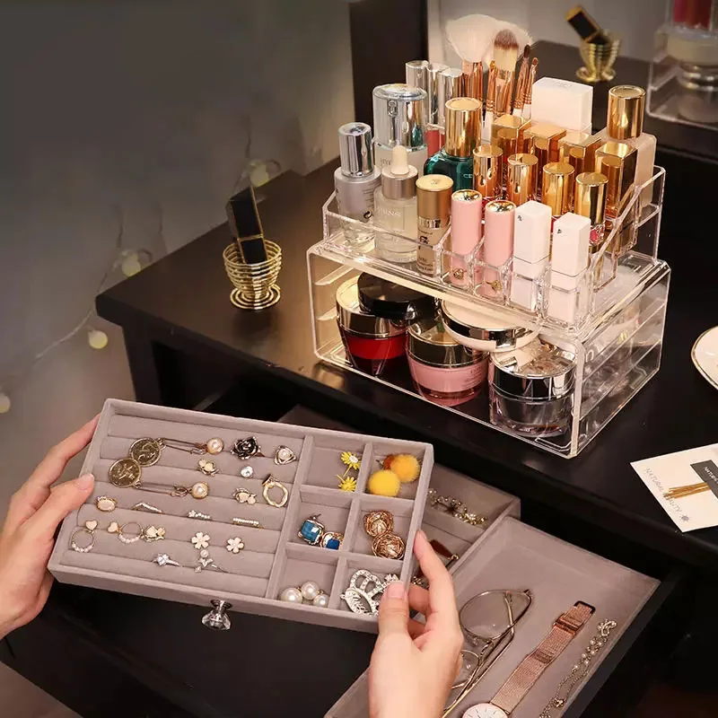 Jewelry Organizer Boxes Lipstick Makeup Storage Case Earrings Ring Necklace Gray Velvet Storage Case Display Stand Women Gifts