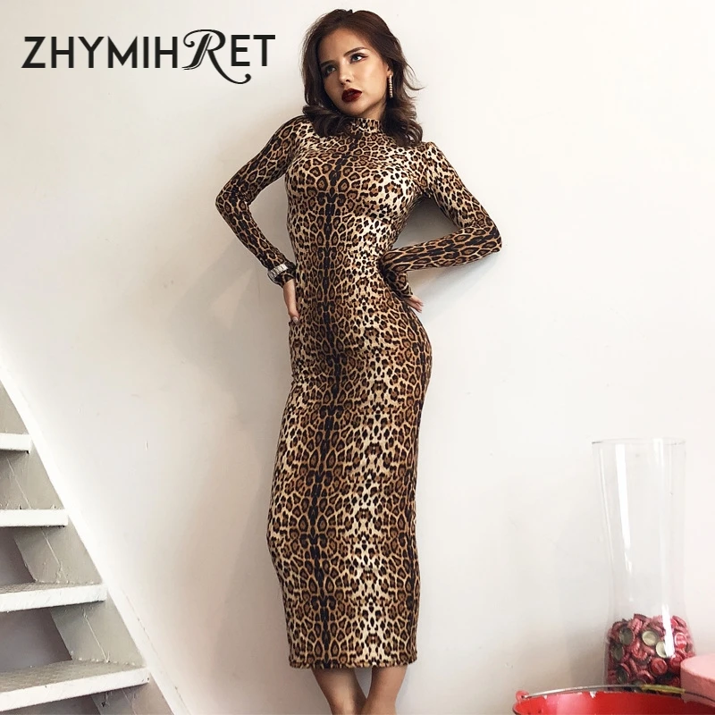 ZHYMIHRET Осень зима 2019 облегающее сексуальное платье с леопардовым принтом женское