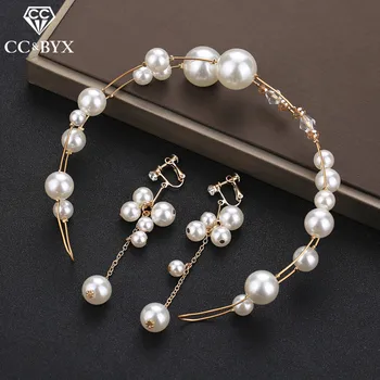 

CC Hairband 2pcs Earrings Pearl Headband Wedding Hair Accessories For Bridal Women Romantic 100% Handmade Beads Hairwear M116