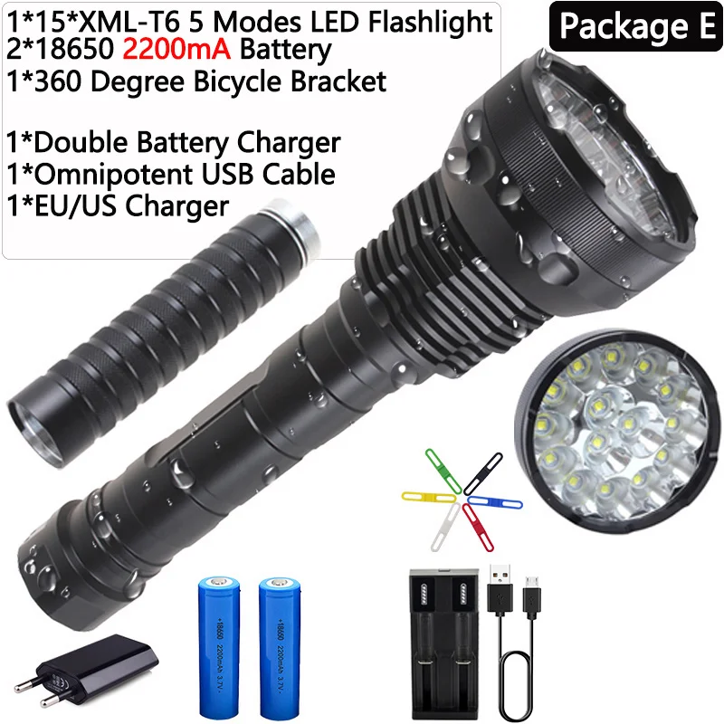 Package E Мощный светодиодный фонарик с батареей 8800mA, высокая мощность, 15 x XM-T6, XHP70.2, 5 режимов, Электрический дисплей, фонарь, водонепроницаемый - Испускаемый цвет: Package E