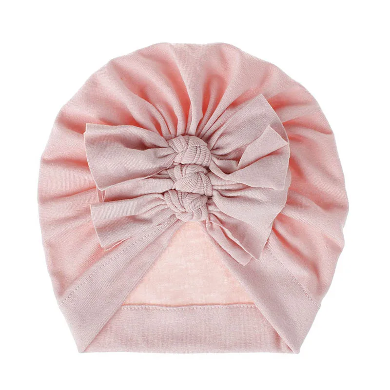 Зимняя теплая шляпка для девочки с большим бантом, детская шапочка колпачок для новорожденных, однотонные Детские кепки, мягкая хлопковая шапка для маленьких мальчиков - Цвет: pink