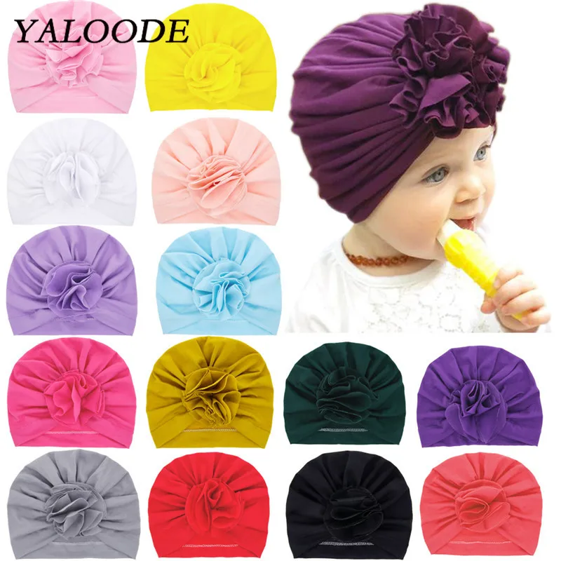 

YALOODE Cute Baby Hats Cotton Floral Baby Girl Boy Turban Solid Knot Newborn Beanie Hat Spring Summer Indian Kids Caps