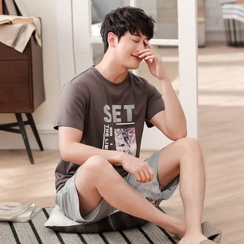 

Men Pajamas Summer Short-sleeved Shorts Fashion Simple Versatile Cartoon Pure Cotton Korean-style-Outer Wear Homewear Set